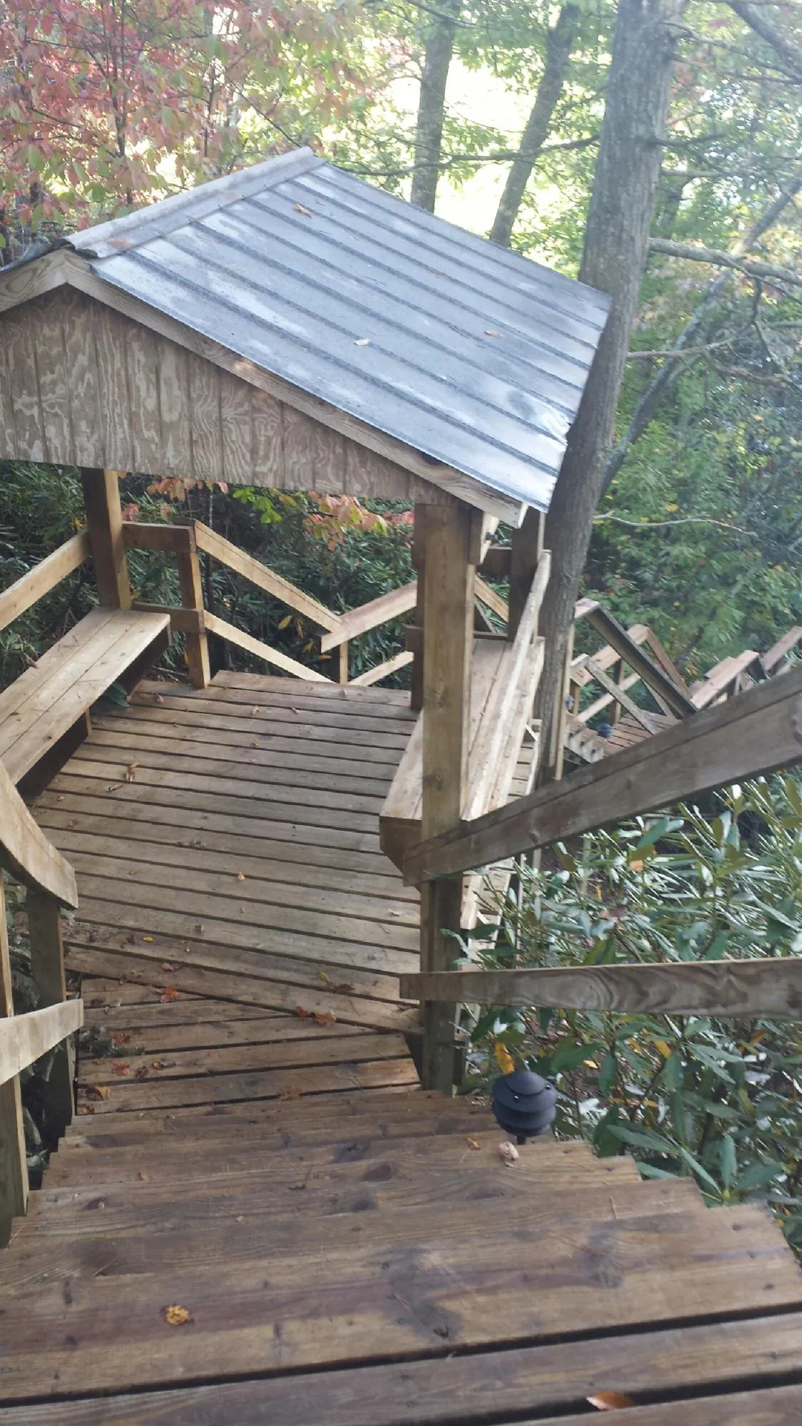 Metal roofed shelter over wooden steps on a wooded walkway — Skylight Repair & Installation work by our crew in Neotsu